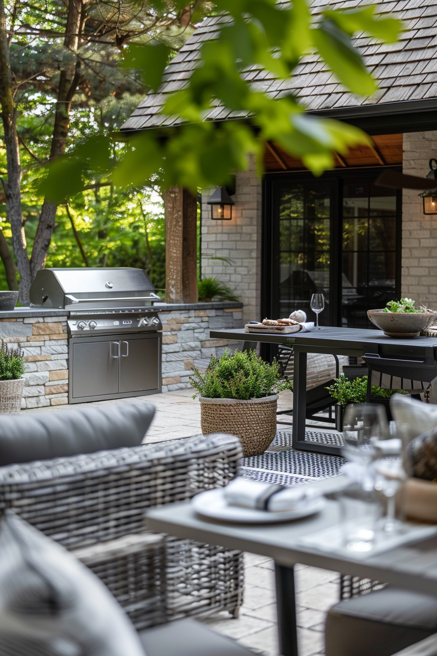 Outdoor patio dining area with a grill, furniture, and greenery, creating a cozy backyard setting.