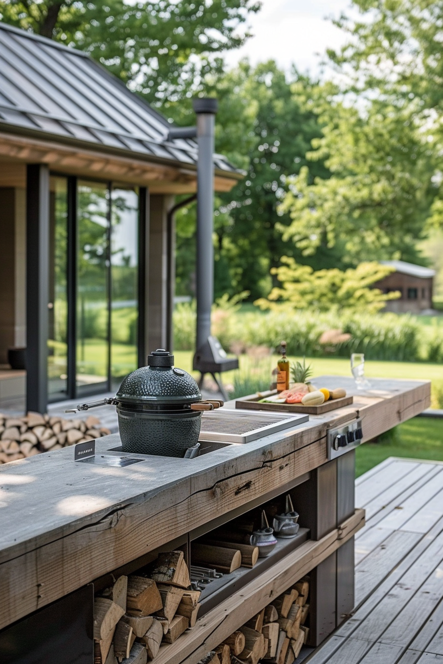 An outdoor kitchen setup with a kamado-style grill on a countertop, firewood storage beneath, and lush greenery in the background.
