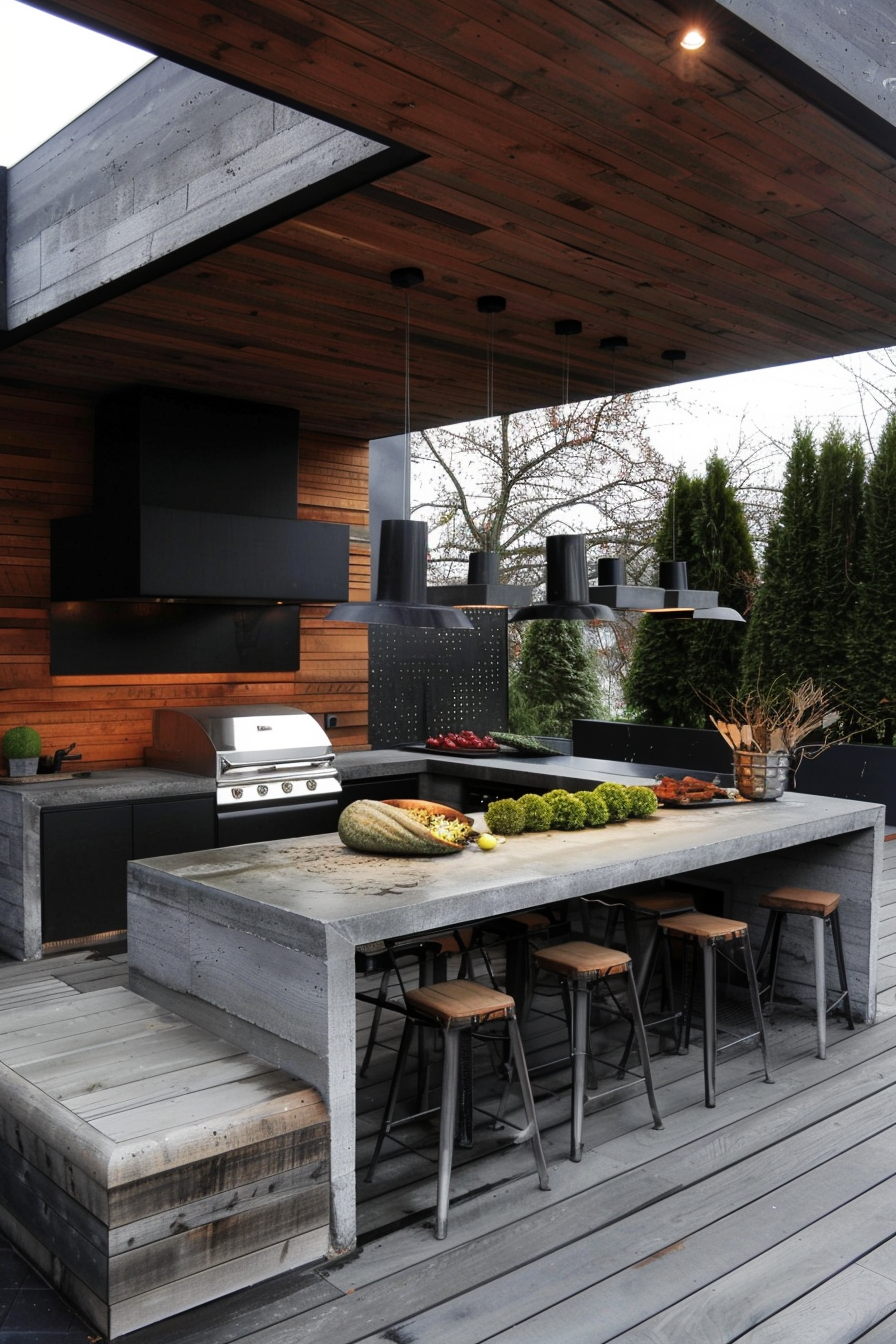 Modern outdoor kitchen patio with concrete and wooden features, stainless steel appliances, and bar stools.