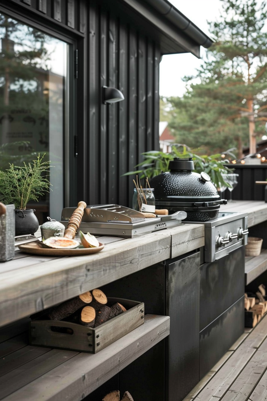 Outdoor kitchen with a grill, utensils, and bread on a wooden countertop, against a black modern cabin backdrop.
