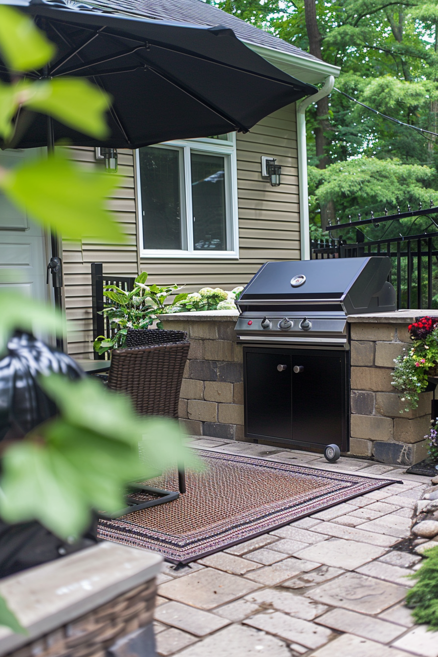A black barbecue grill on a stone patio with a patterned mat, outdoor furniture, and greenery, against a house with beige siding.