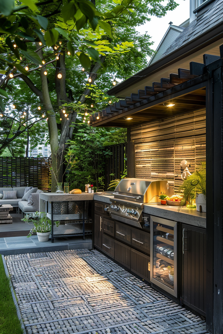 An outdoor kitchen with a grill and seating area, illuminated by string lights and surrounded by greenery.