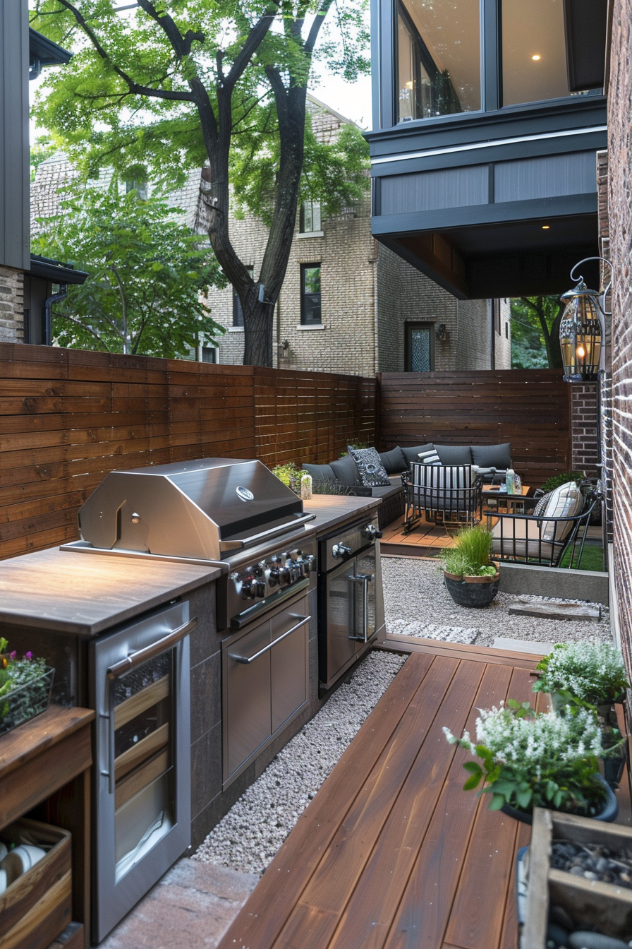 Outdoor patio with a built-in barbecue grill, wooden furniture, potted plants, and surrounded by a wooden fence and green trees.