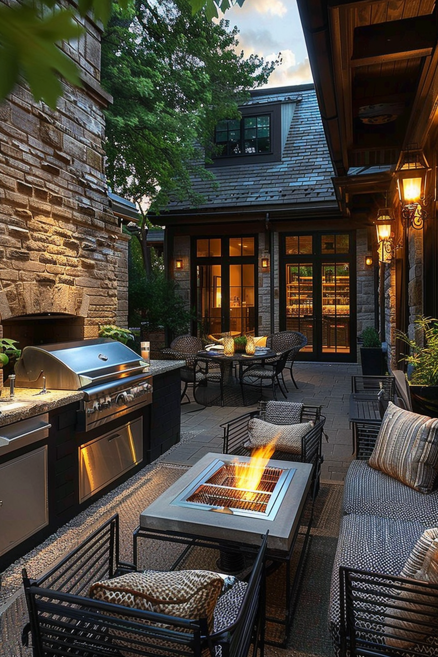 Cozy outdoor patio with a fireplace, seating area, barbecue grill, and lighting, adjoining a stone house at dusk.