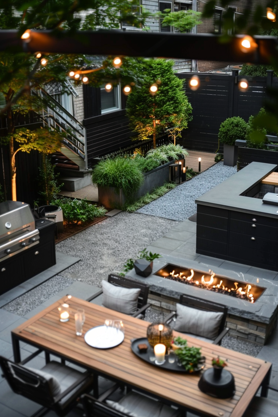 Modern outdoor patio with string lights, fire pit, dining area, and lush greenery.