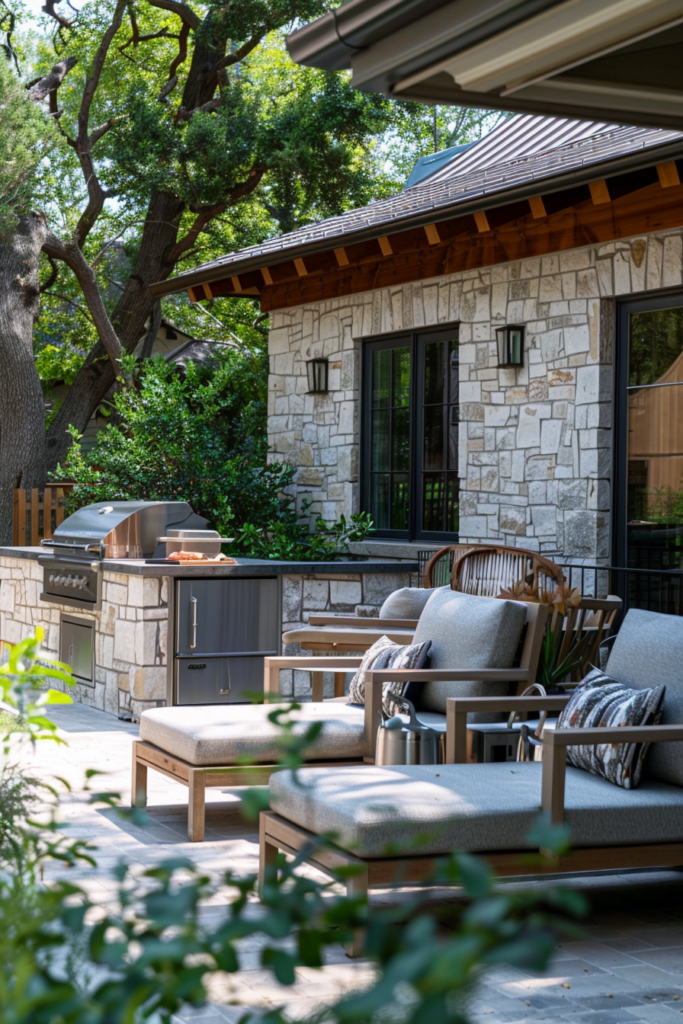 Outdoor patio with furniture, built-in grill, and stone walls surrounded by greenery.