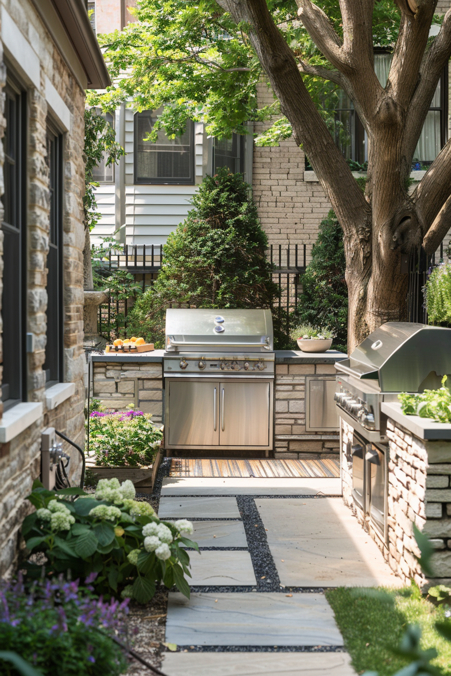 A serene backyard pathway lined by lush greenery and flowers, with a stainless steel outdoor grill station to the side.