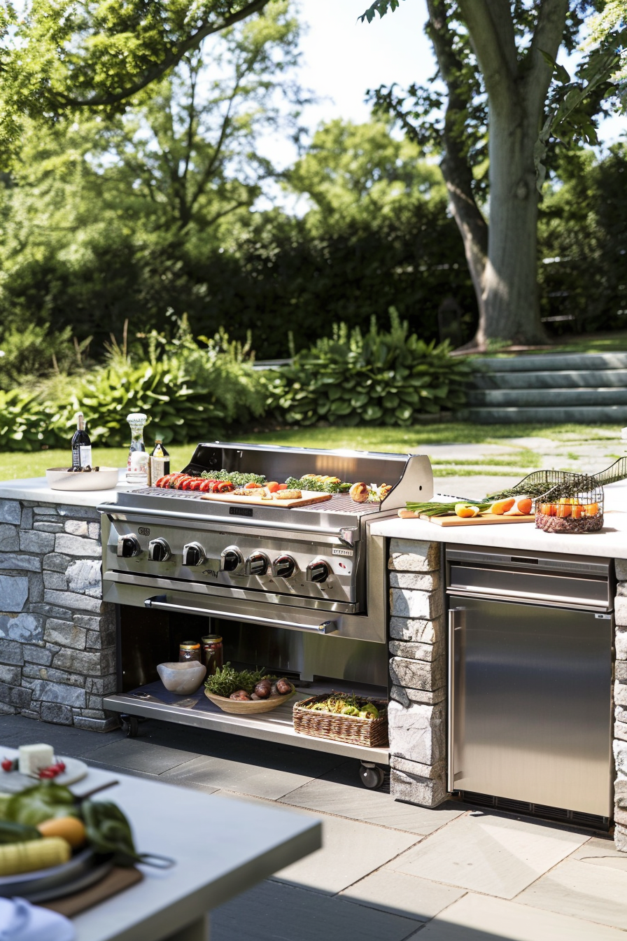 Outdoor kitchen with a grill cooking various vegetables and skewers, surrounded by greenery in a garden setting.