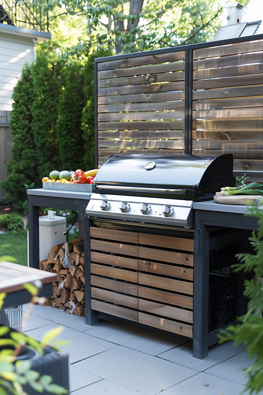 Outdoor patio with a stainless steel gas grill, wooden cabinets, and assorted vegetables on a prep table, ready for a barbecue.
