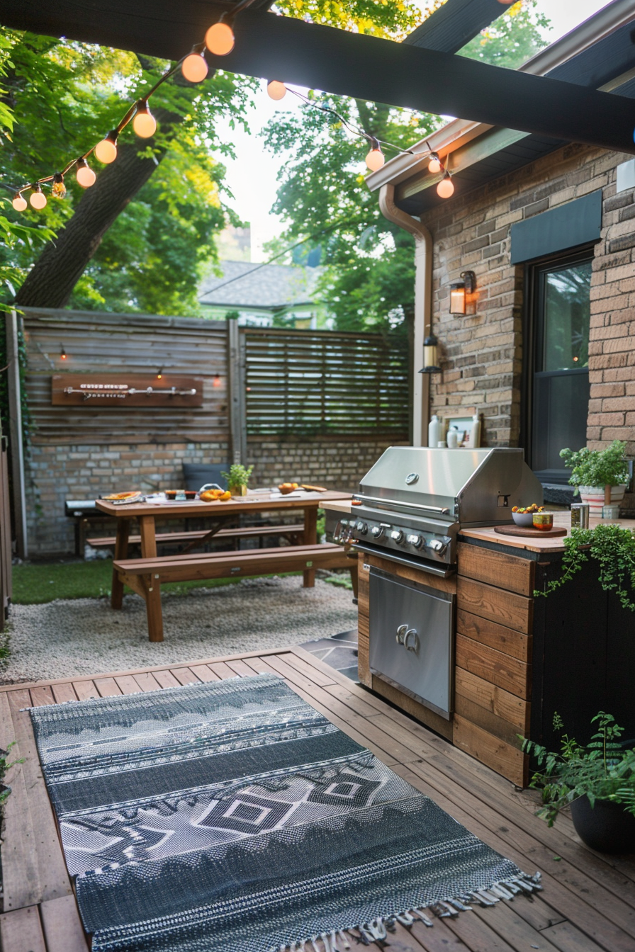 Cozy backyard patio with string lights, barbecue grill, wooden dining table, and decorative rug on a deck.