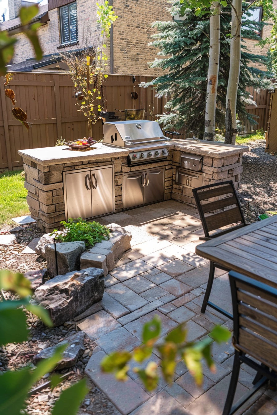 Outdoor kitchen setup with a built-in grill and storage cabinets on a paver patio, surrounded by greenery and a wooden fence.