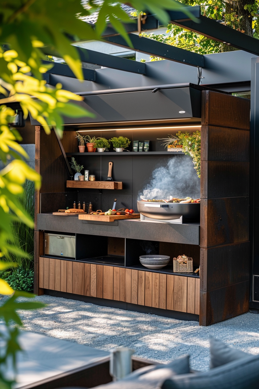 An outdoor kitchen with a wok on the stove, smoke rising, surrounded by greenery and wooden cabinetry.