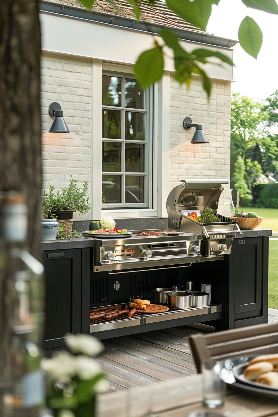 Outdoor luxury kitchen setup with grill and utensils on a wooden deck, by a brick house with greenery.