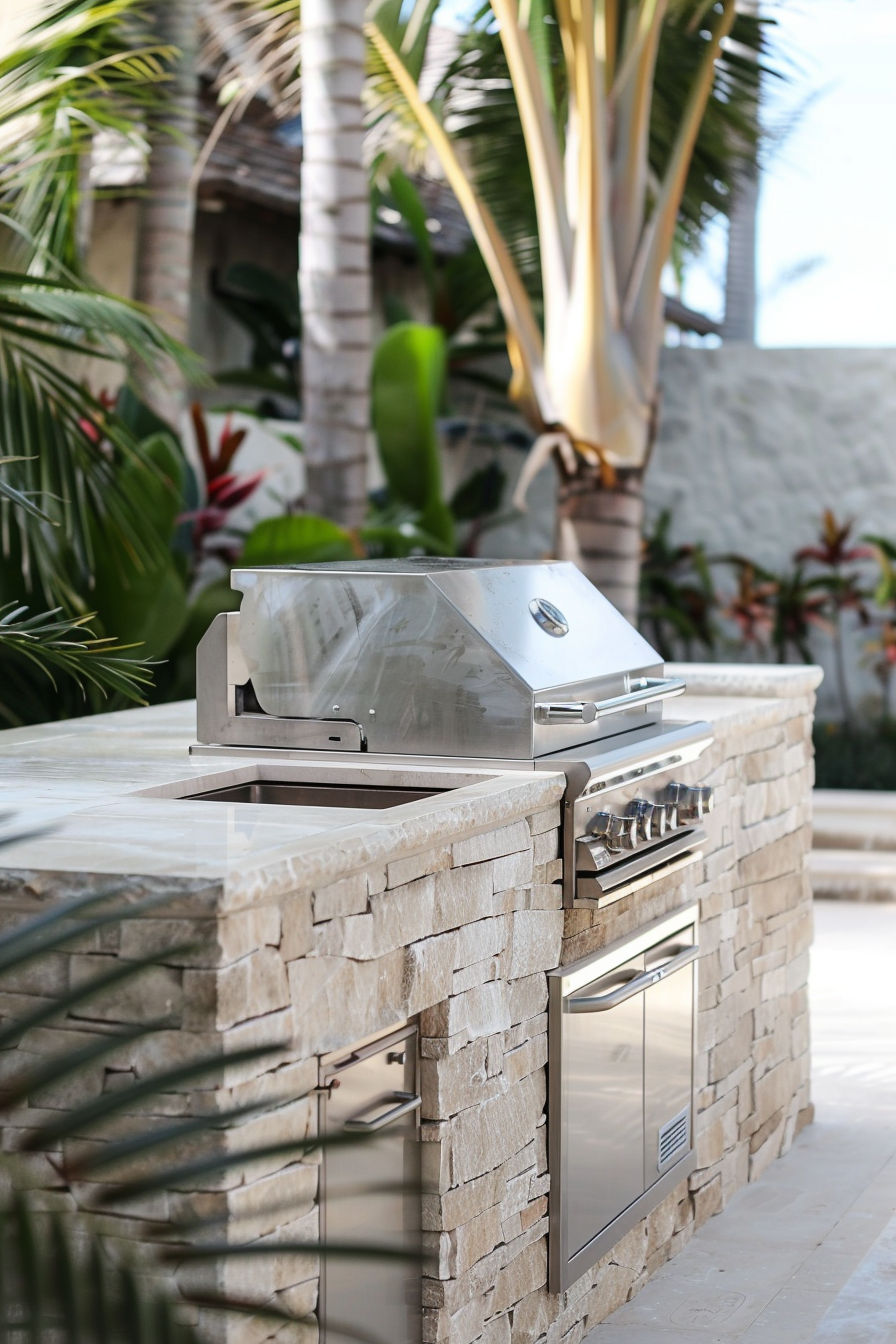 Outdoor stainless steel grill built into a stone island, surrounded by tropical plants.