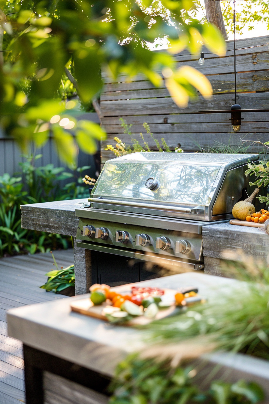 Outdoor kitchen area with a stainless steel barbecue grill surrounded by greenery and a wooden fence in the background.