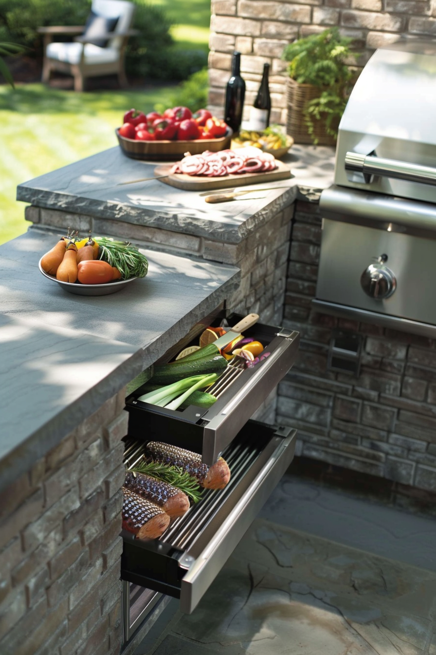 Outdoor kitchen with a built-in grill, fresh vegetables in drawers, and raw meats on countertop ready for a barbecue.