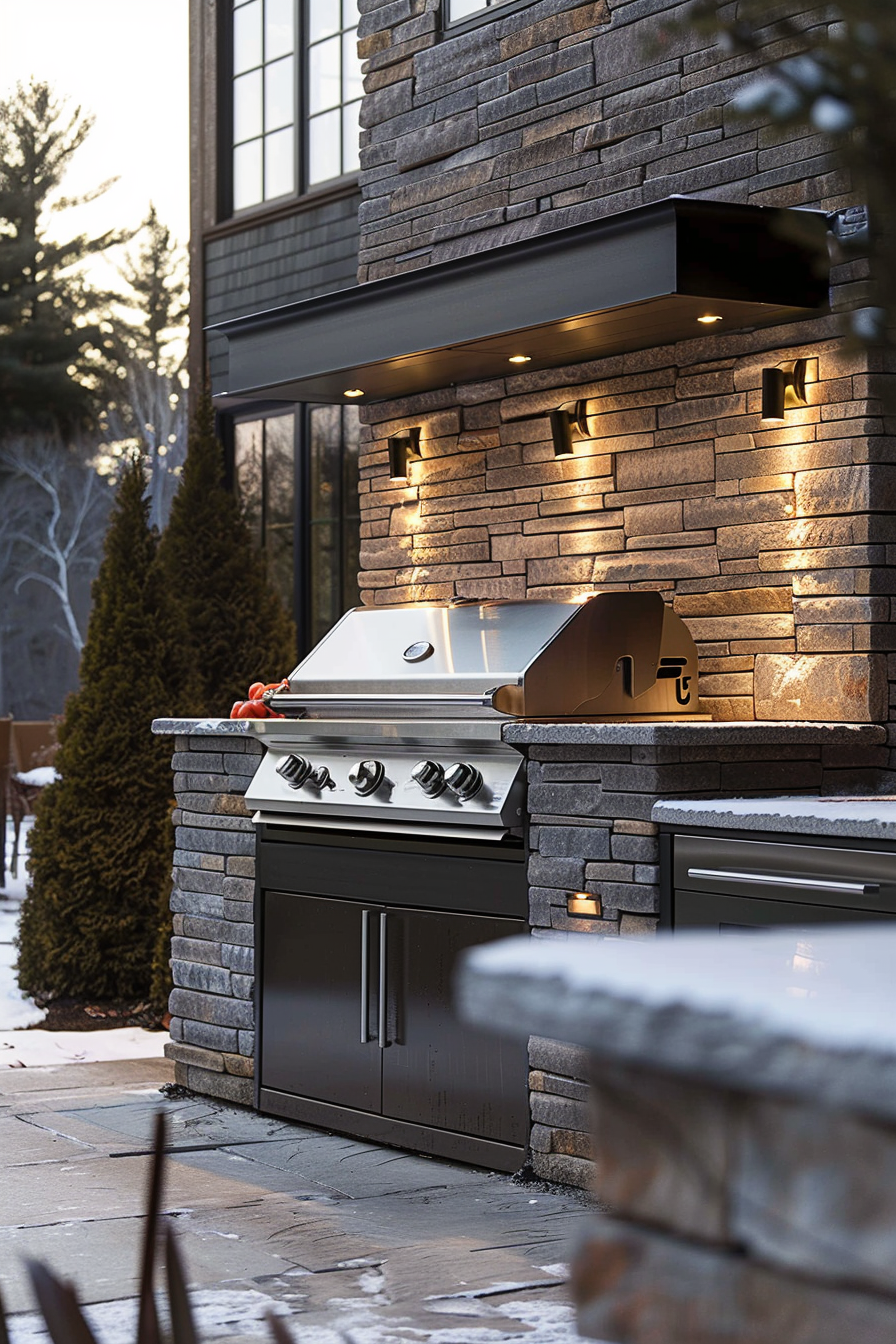 Outdoor built-in gas grill in a stone island with warm lighting under a modern home's overhang as dusk approaches.