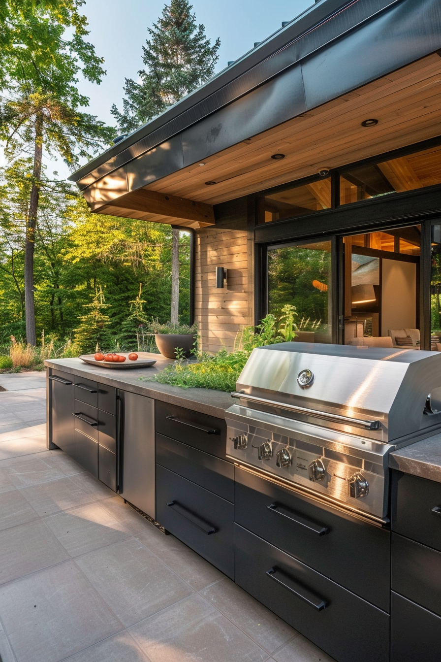 Outdoor kitchen setup with a stainless steel grill, black cabinets, and a countertop garden against a wooded backdrop.