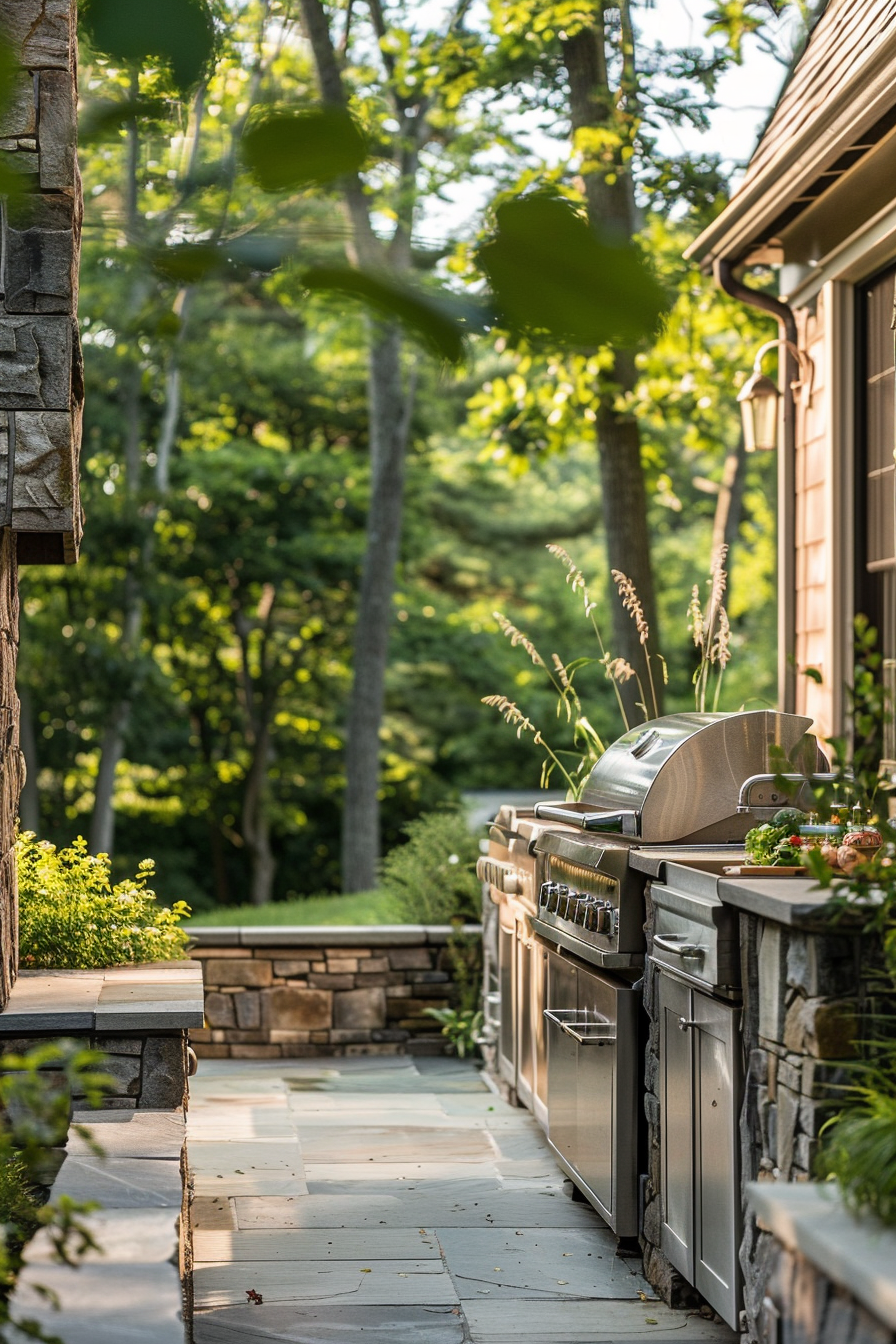 Outdoor kitchen with a modern grill and stone countertops surrounded by lush greenery.