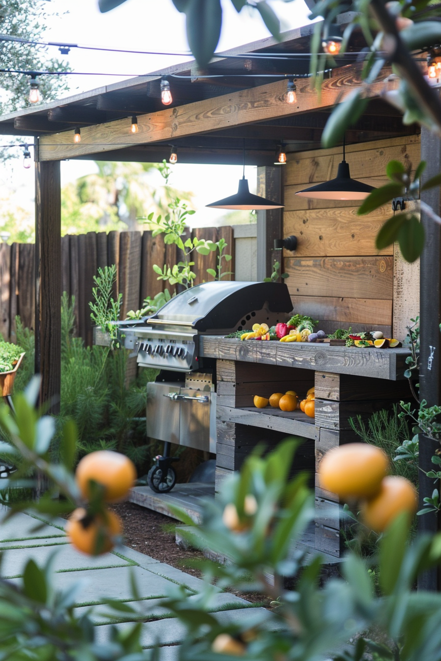 ALT: An outdoor kitchen with a grill, wooden countertops, and pendant lights, framed by a garden with citrus trees.