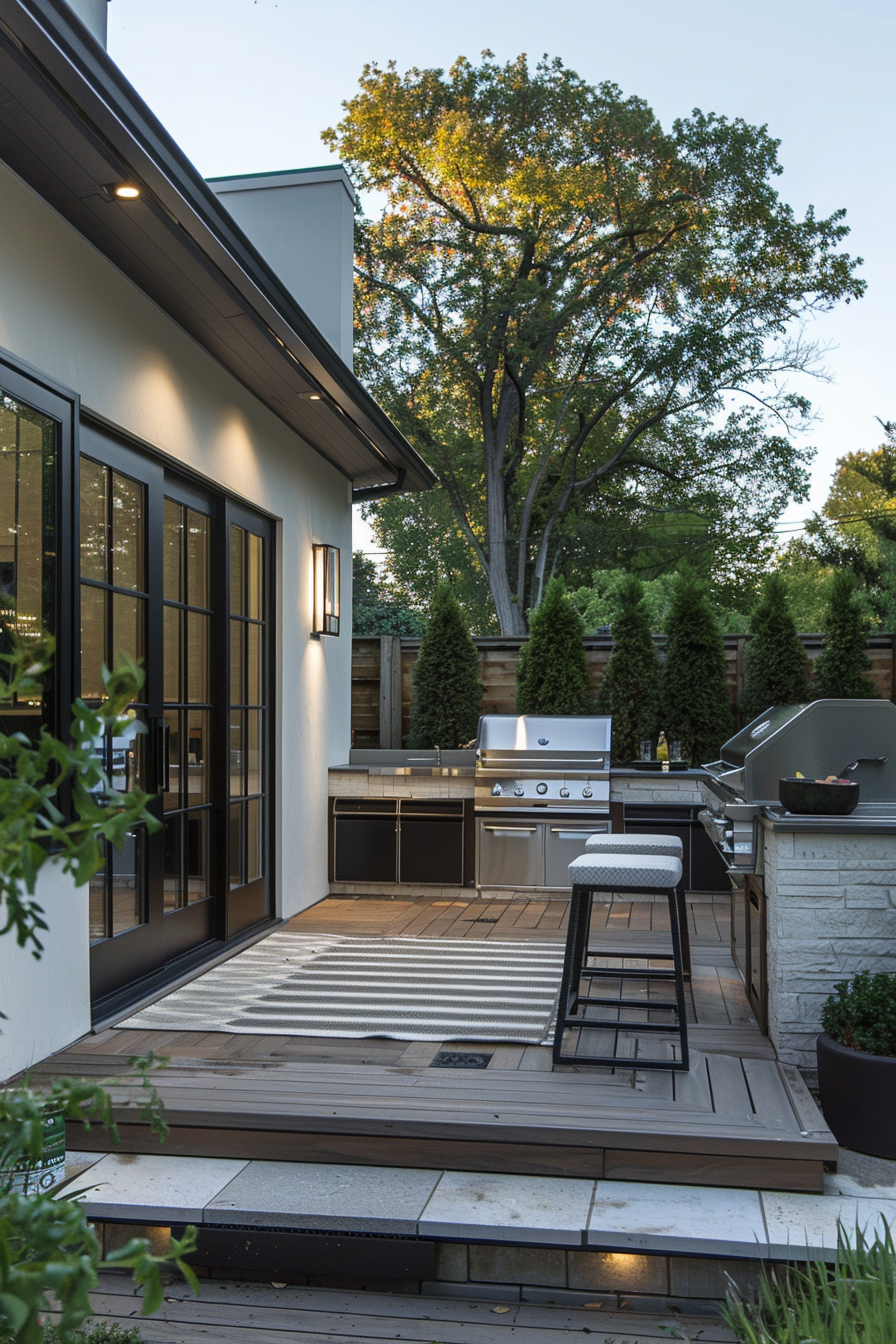 Modern outdoor kitchen patio with built-in grill and sink, wooden decking, landscaping, and ambient lighting at dusk.