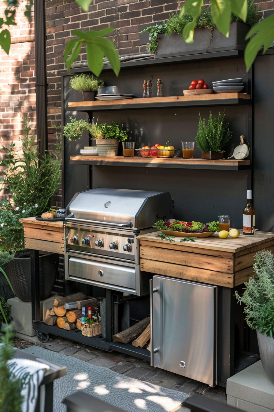 ALT: An outdoor kitchen area with a modern grill, wooden countertops, and shelves filled with plants, dishes, and bowls of fruit.