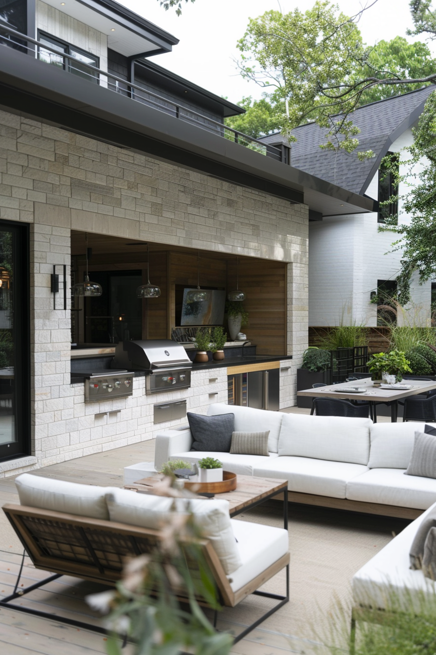 A modern outdoor patio with a built-in kitchen, a white sectional sofa, and a wooden coffee table, surrounded by lush greenery.