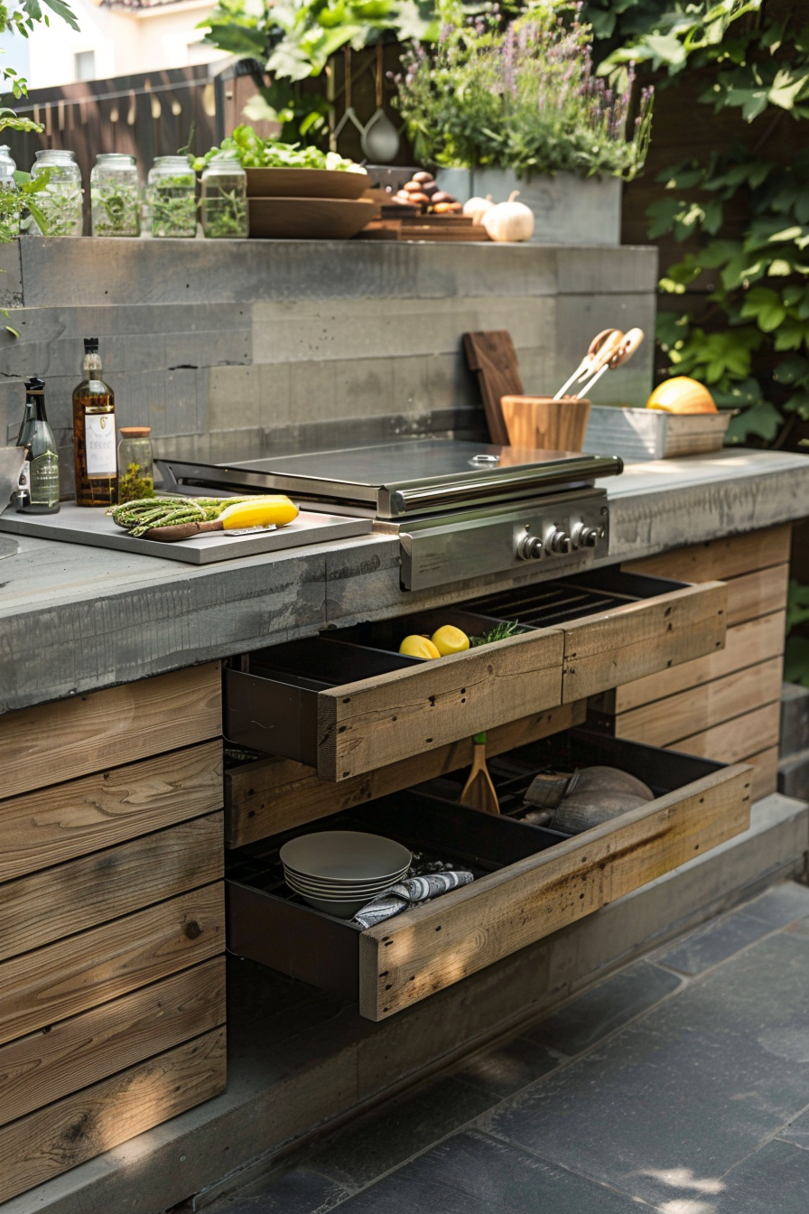 Alt text: An outdoor kitchen with a teppanyaki grill, open wooden drawers displaying dishes and utensils, surrounded by greenery.