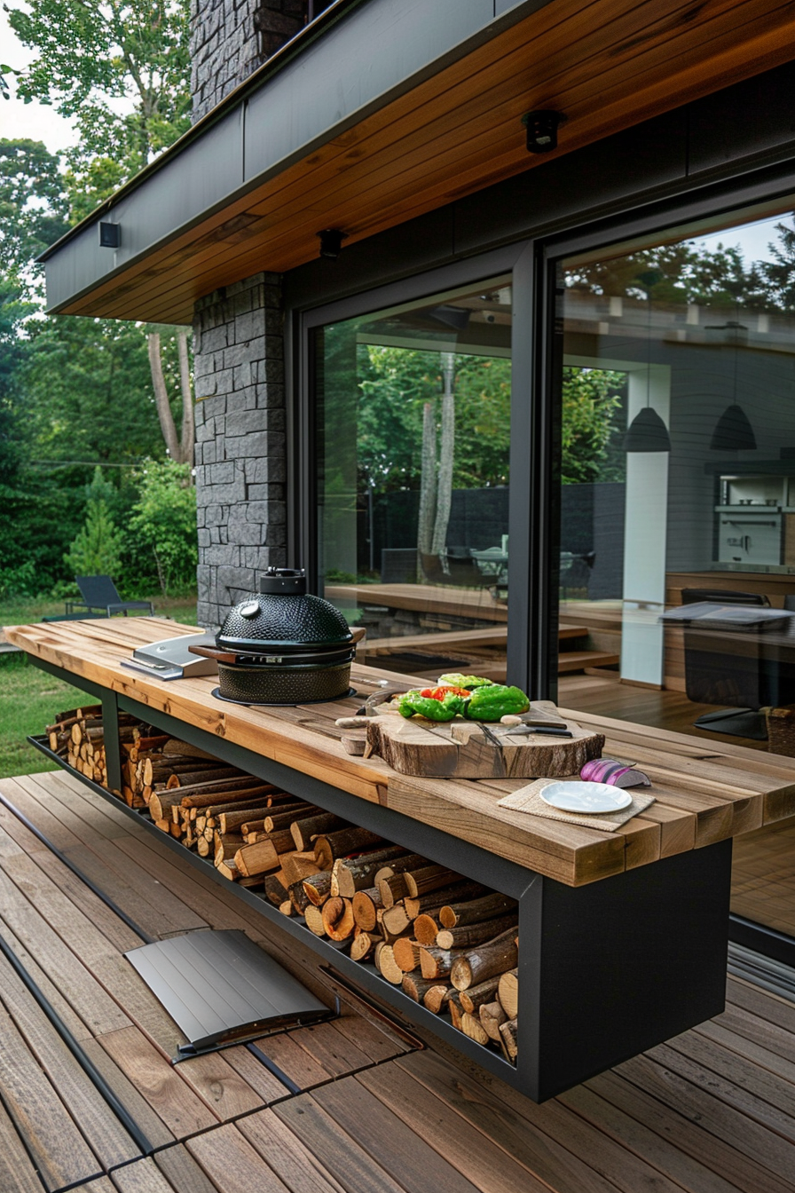 Outdoor kitchen setup with a grill on a wooden counter filled with fresh vegetables, firewood stored underneath, beside a modern home.