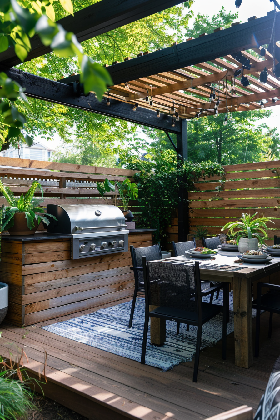 ALT: A cozy outdoor patio area with a dining set, a grill station, hanging lights, and surrounded by lush greenery.