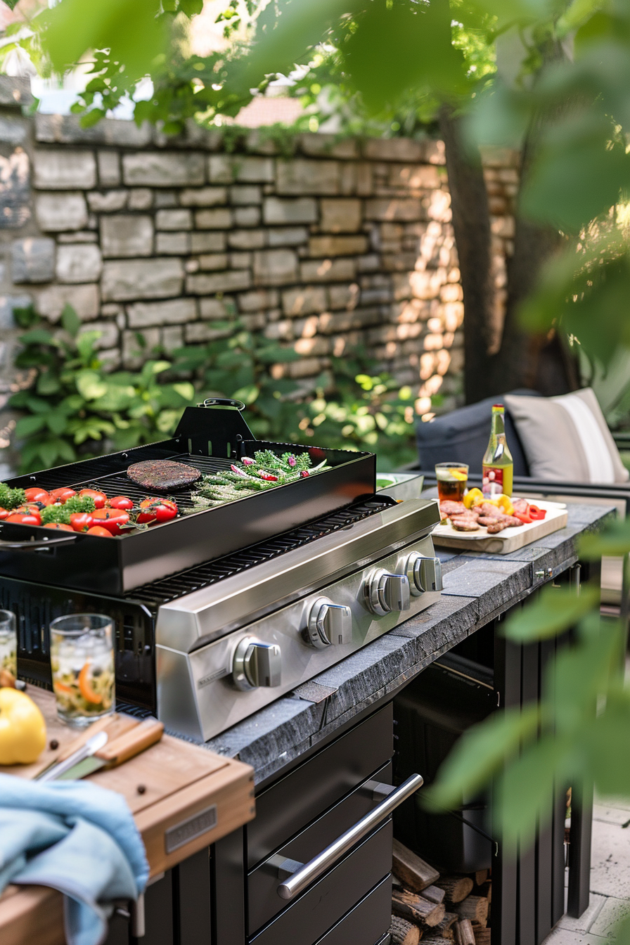 Outdoor grilling scene with vegetables on the grill, wine, and glasses on a side table amidst lush greenery.