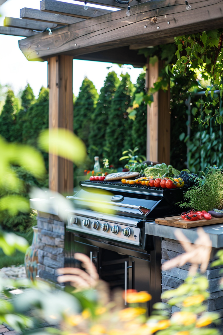 A modern outdoor grill filled with vegetables, surrounded by greenery in a backyard setting.