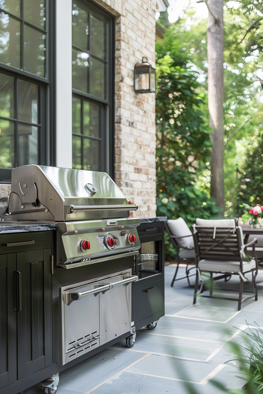 ALT: A stainless steel outdoor grill on a patio with furniture in the background, next to a house with large windows and a brick wall.