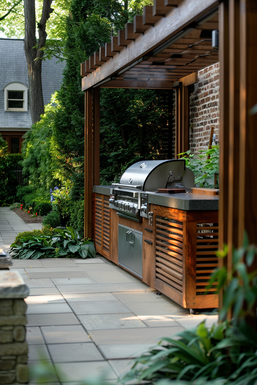 Outdoor kitchen patio with a modern grill and wooden cabinetry, surrounded by lush greenery and a brick house in the background.