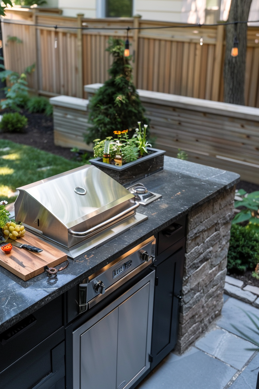 Outdoor kitchen with stainless steel grill, black cabinetry, and a potted plant on a stone countertop.