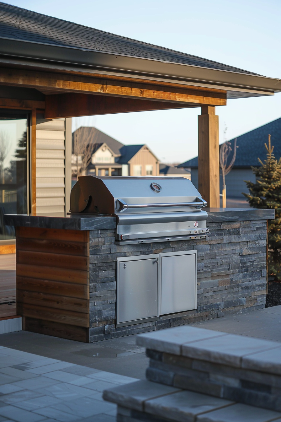 Outdoor kitchen with a stainless steel grill and storage cabinets built into a stone island under a patio cover.