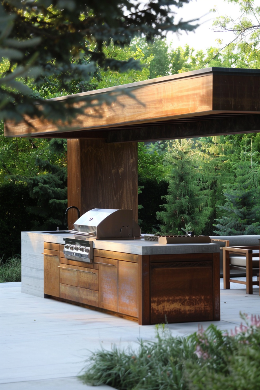 Outdoor kitchen setup with a stainless steel grill on a wooden cabinet, under a canopy, surrounded by greenery.