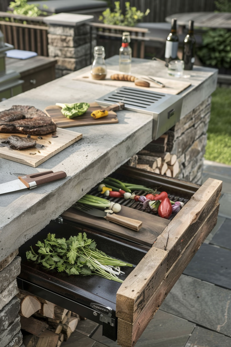 Outdoor kitchen with a concrete countertop, grill, and open drawer full of fresh vegetables. Grilled steak and utensils on top.