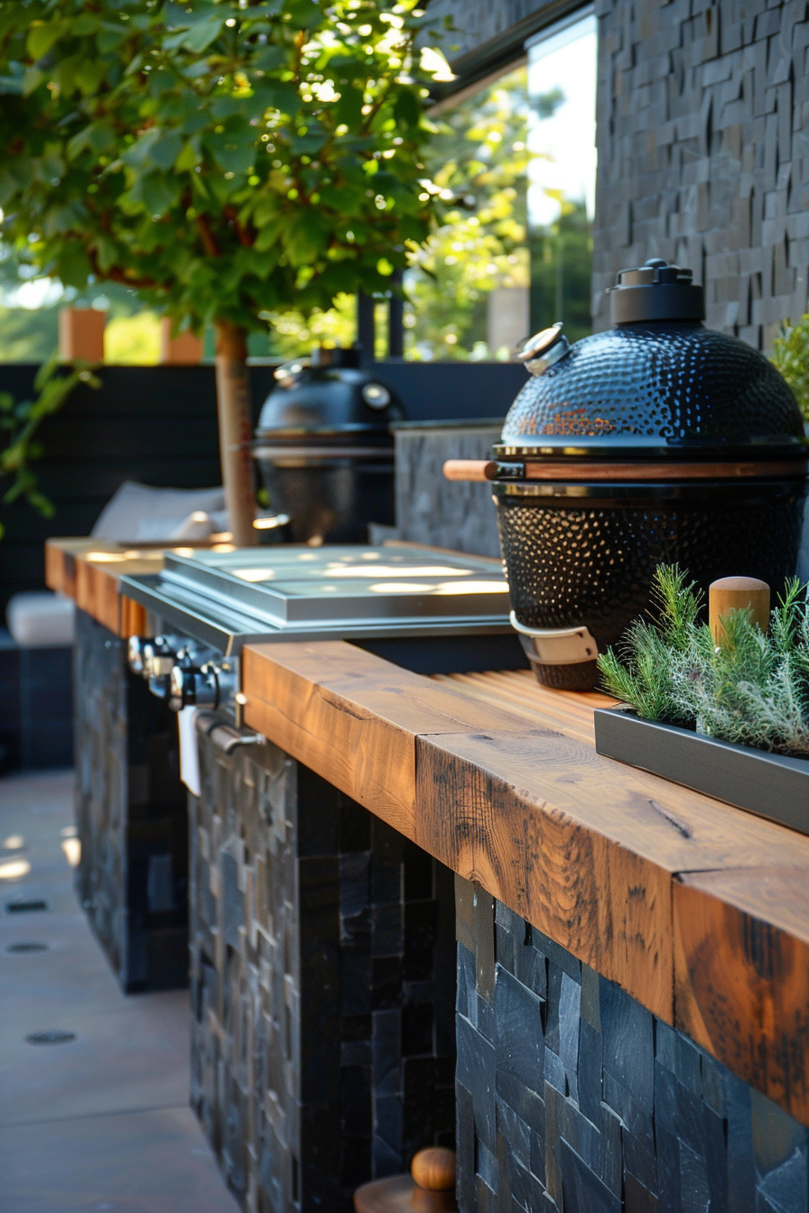 A modern outdoor kitchen area with a ceramic grill on a stylish wooden countertop against a textured dark stone wall.