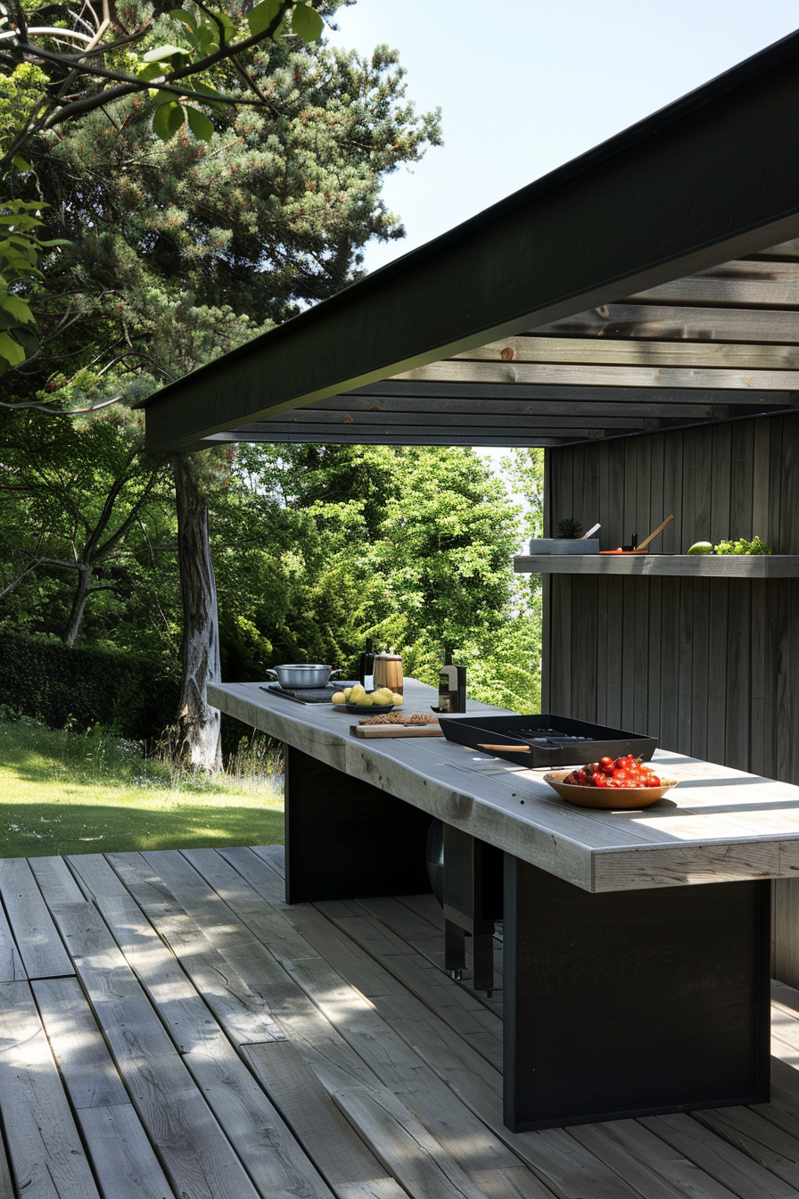 Outdoor kitchen setup with modern appliances on a wooden deck surrounded by lush greenery.