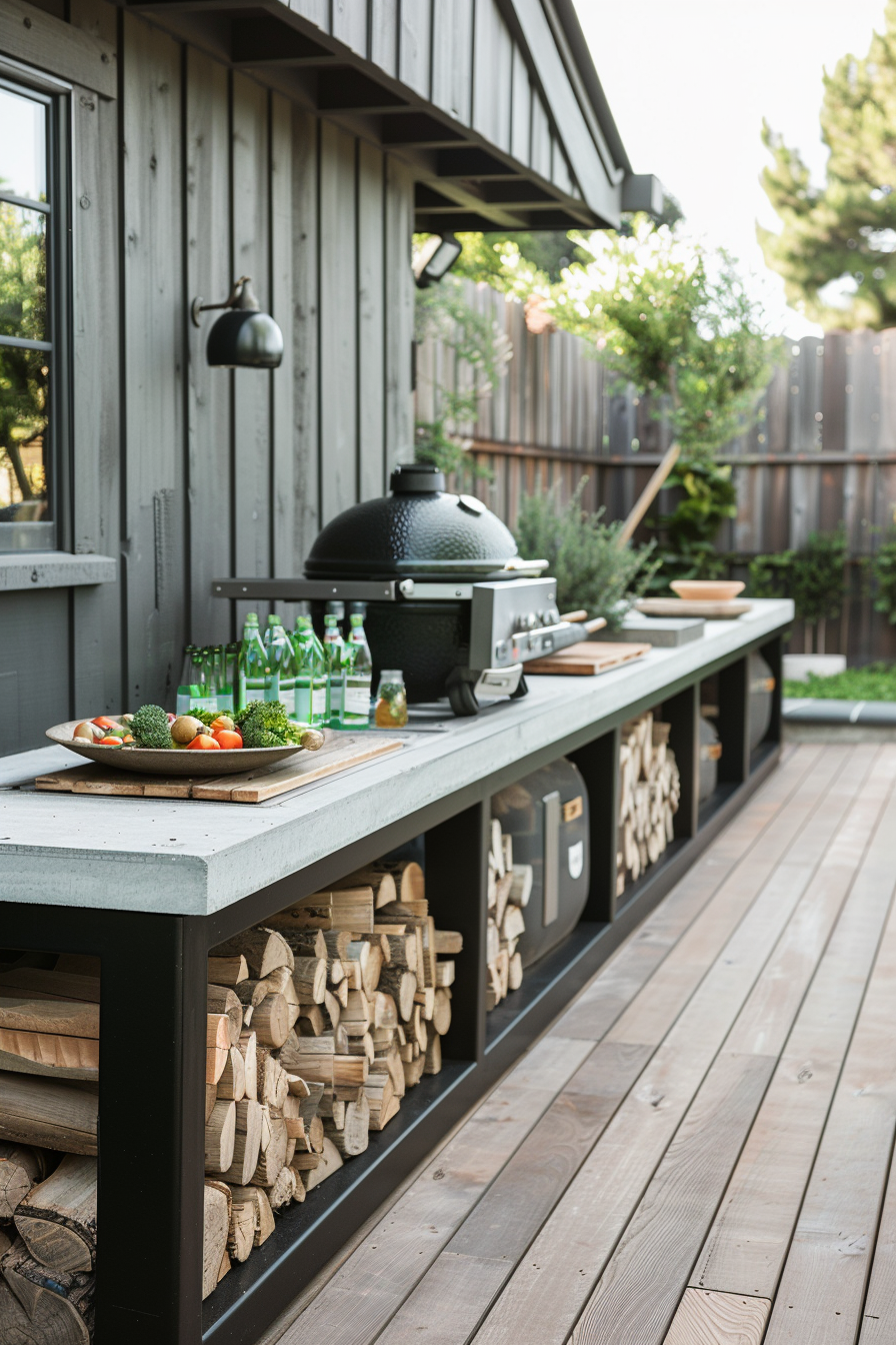 Outdoor kitchen setup on a wooden deck with a charcoal grill, storage for firewood, and fresh vegetables on a platter.