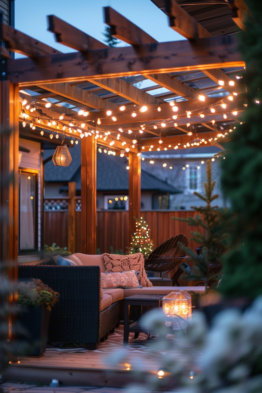 Cozy outdoor patio with string lights, comfortable seating, and a lit Christmas tree in the background at dusk.