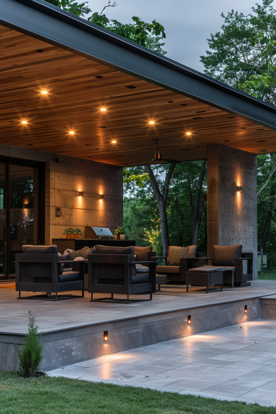 ALT: An outdoor patio area at dusk with modern furniture, warm lighting fixtures, under a shelter with a wooden ceiling.