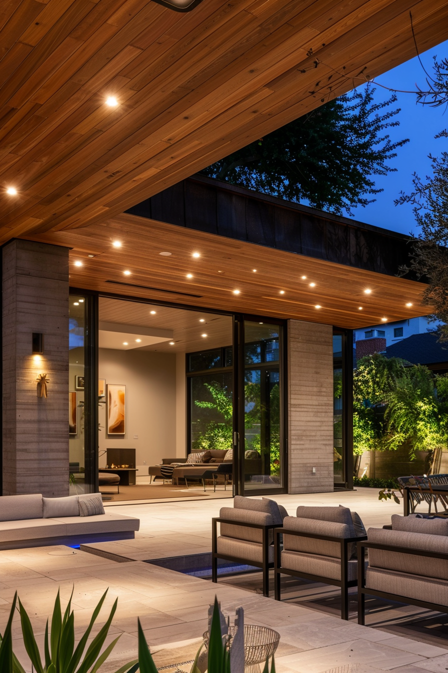 Elegant outdoor patio space with wooden ceiling, recessed lighting, modern furniture, and a view into a warmly lit interior.