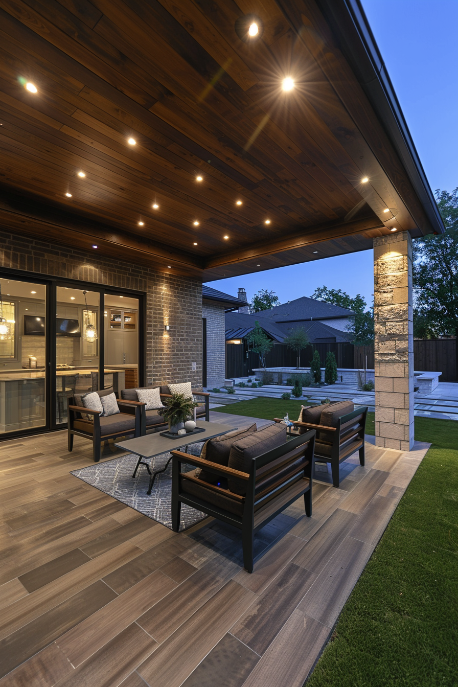 Elegant outdoor patio area with modern furniture, wooden ceiling with recessed lights, and a view of a well-kept lawn at dusk.