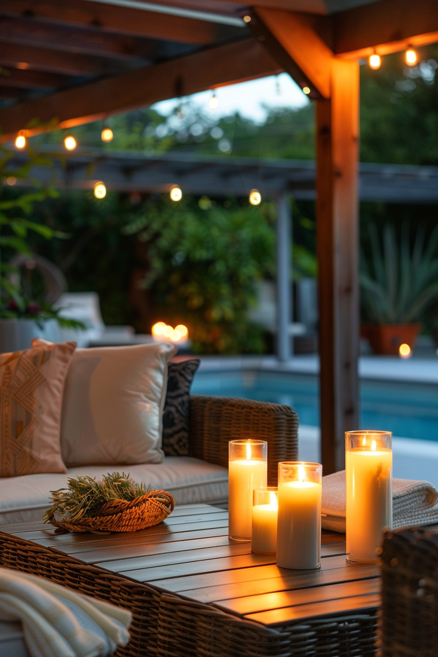 Cozy outdoor patio at dusk with string lights, candles on a table, and comfortable seating surrounded by greenery.