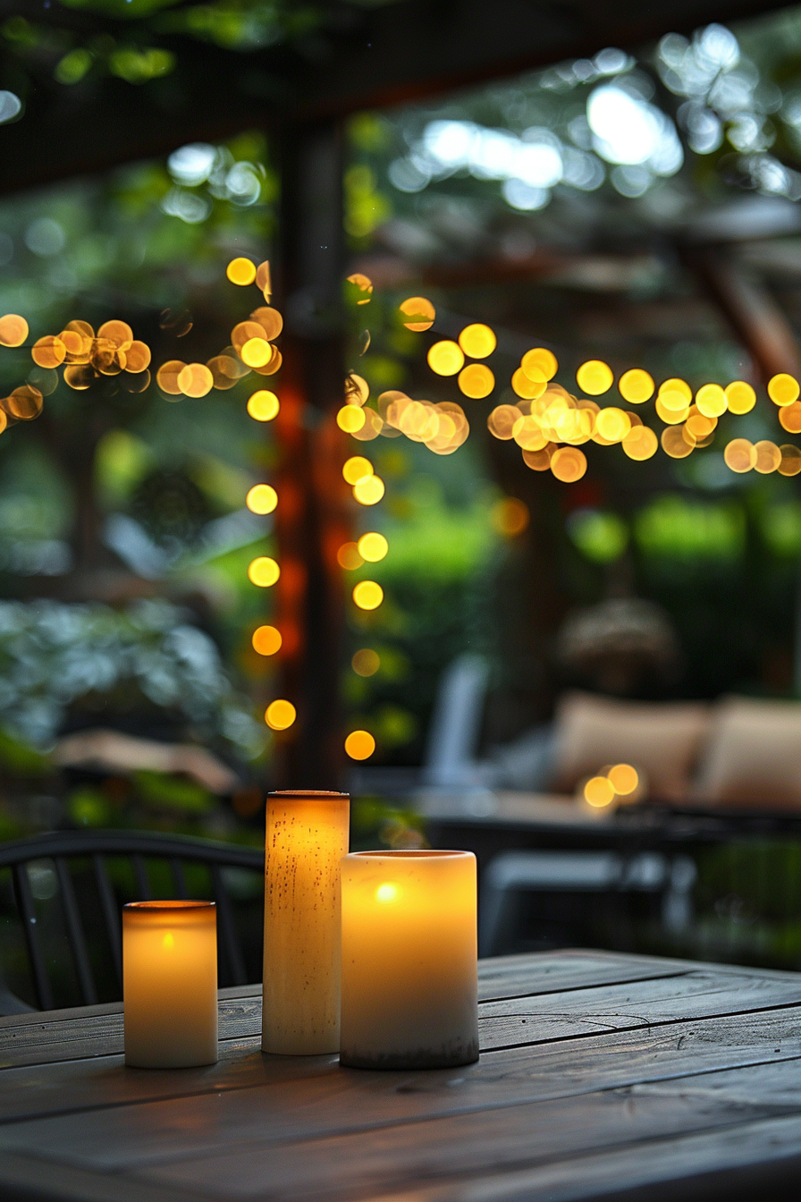 Three candles on a wooden table with blurred fairy lights in the background, creating a cozy outdoor ambiance.