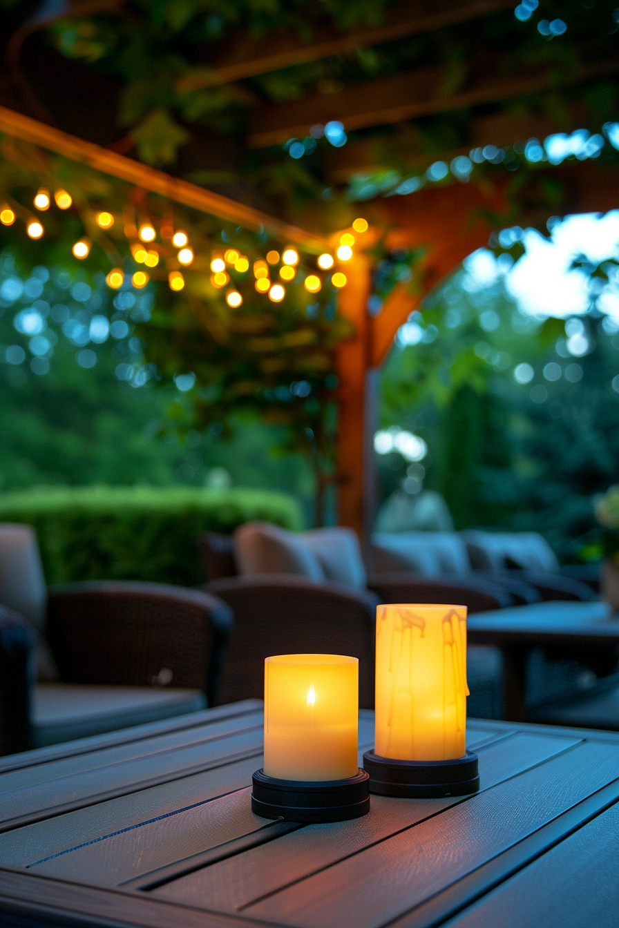 Two LED candles on a patio table at dusk with blurry string lights and garden furniture in the background.