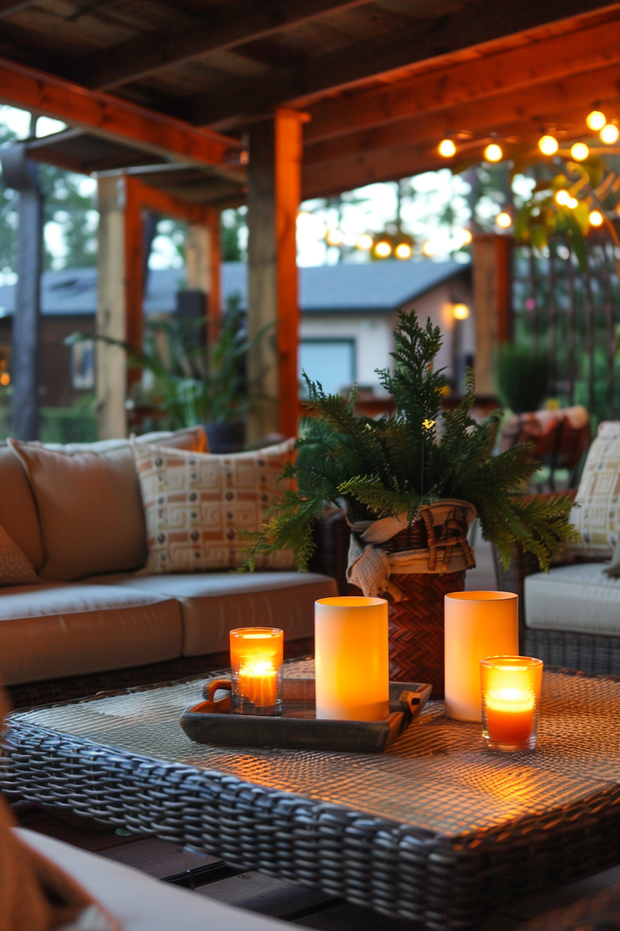 Cozy outdoor patio setting at dusk with lit candles on a wicker table, comfortable seating, and string lights above.