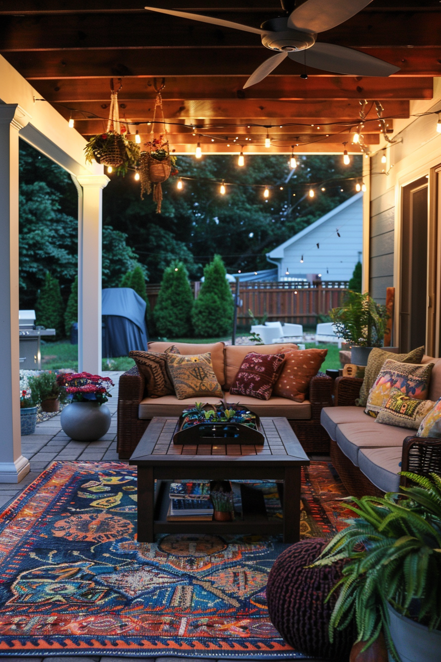 Cozy outdoor patio with string lights, ceiling fan, wicker furniture with cushions, and a vibrant area rug.